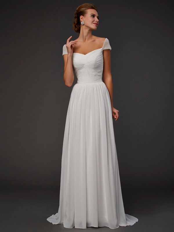 Sweetheart Short Sleeves Beading Long Chiffon Dresses