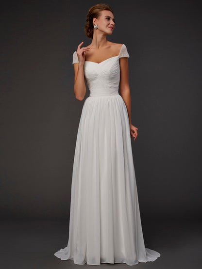 Sweetheart Short Sleeves Beading Long Chiffon Dresses