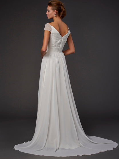 Sweetheart Short Sleeves Beading Long Chiffon Dresses