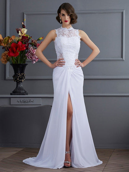 High Neck Sleeveless Long Chiffon Dresses