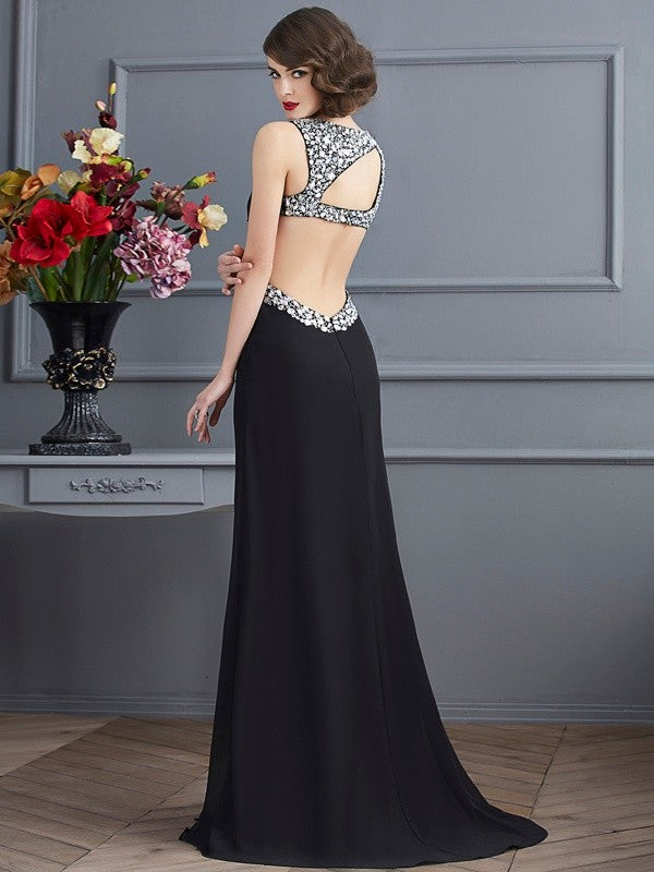 Straps Sleeveless Beading Long Chiffon Dresses