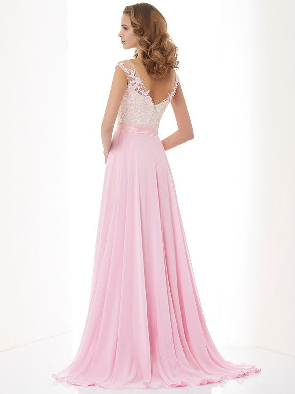 Straps Applique Sleeveless Beading Long Chiffon Dresses