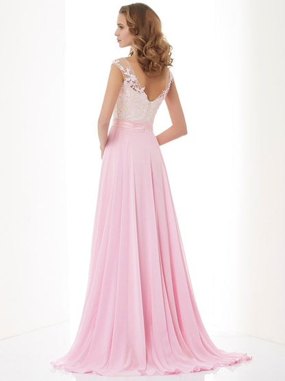 Straps Applique Sleeveless Beading Long Chiffon Dresses