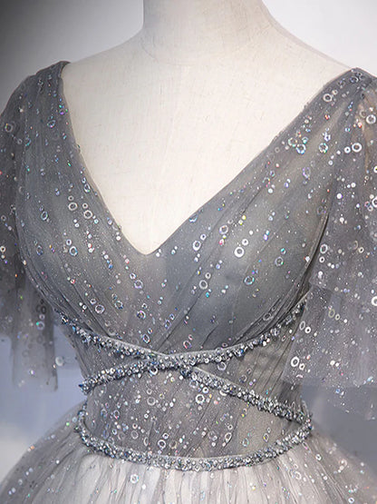 Grey V-neckline Tulle Low Back Long Prom Dress