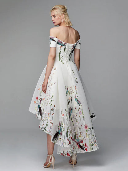 Cocktail Party Prom Valentine's Day Dress Off Shoulder Short Sleeve Asymmetrical Polyester with Embroidery