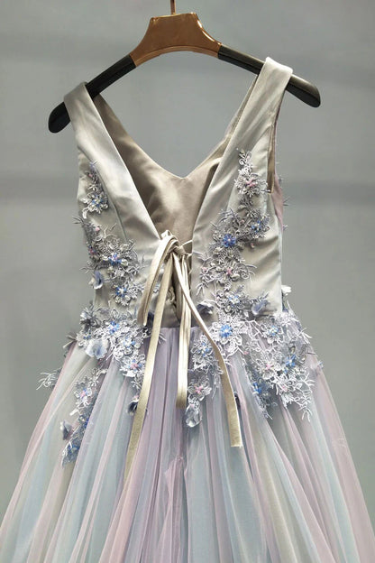 Unique v neck tulle lace applique long prom Wedding Dresses