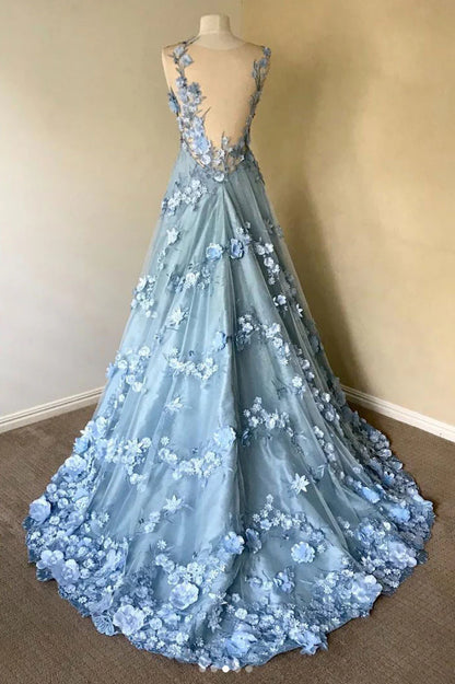 Blue round neck lace long prom Wedding Dresses