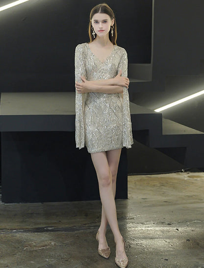 Sheath / Column Sparkle Elegant Homecoming Cocktail Party Dress V Neck Long Sleeve Short / Mini Sequined