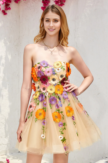 Strapless Homecoming Dress With 3D Flowers