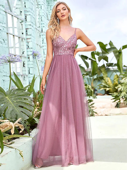 A-Line Spaghetti Strap Floor Length Tulle Sequined Bridesmaid Dress