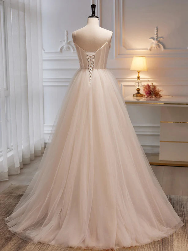 Ivory Tulle with Flowers Straps Prom Dress