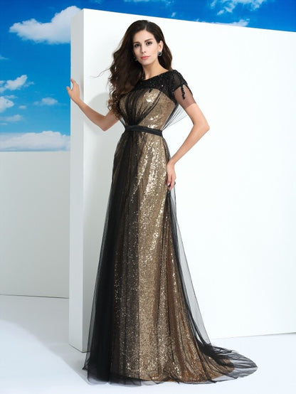 Sheer Neck Paillette Short Sleeves Long Net Dresses