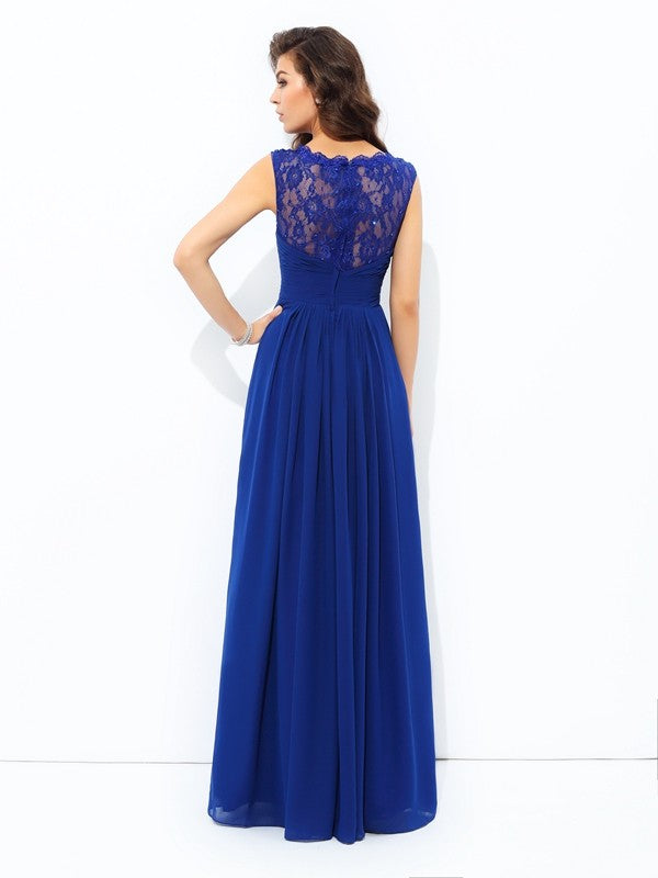 Scoop Lace Sleeveless Long Chiffon Dresses