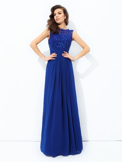 Scoop Lace Sleeveless Long Chiffon Dresses