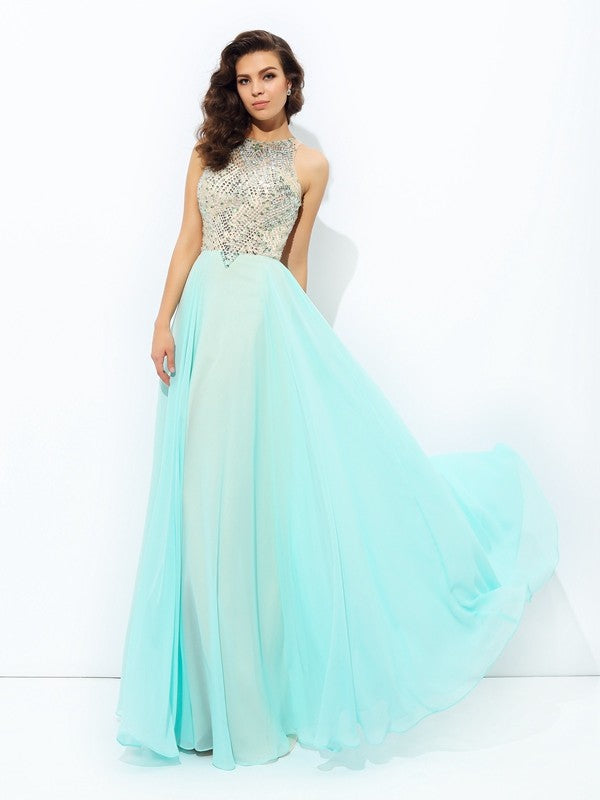 Jewel Beading Sleeveless Long Chiffon Dresses