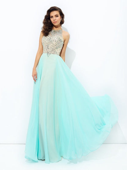 Jewel Beading Sleeveless Long Chiffon Dresses