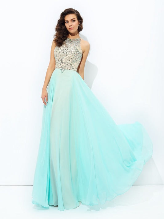 Jewel Beading Sleeveless Long Chiffon Dresses
