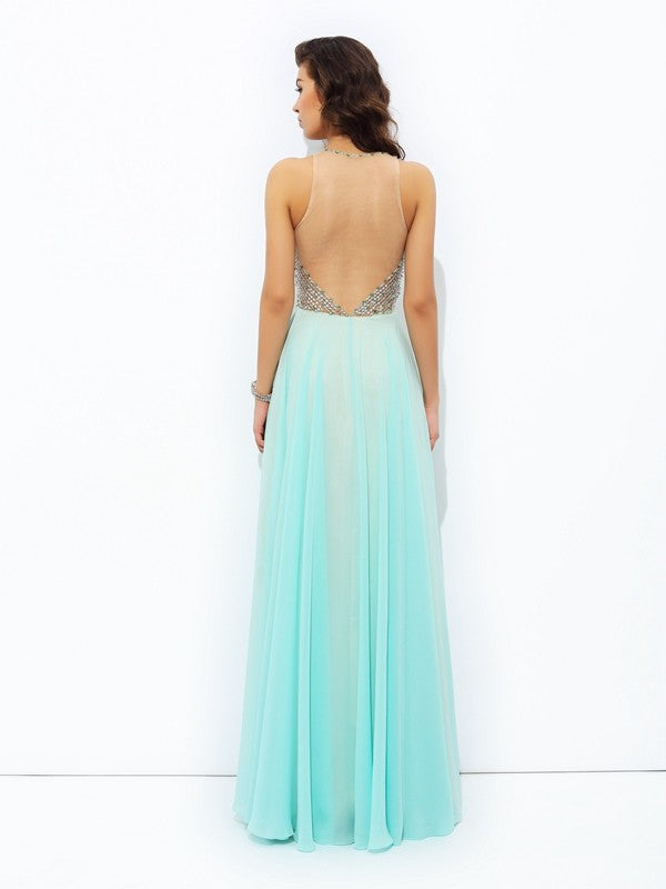 Jewel Beading Sleeveless Long Chiffon Dresses