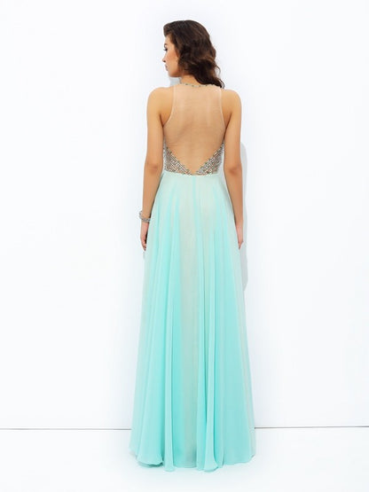 Jewel Beading Sleeveless Long Chiffon Dresses