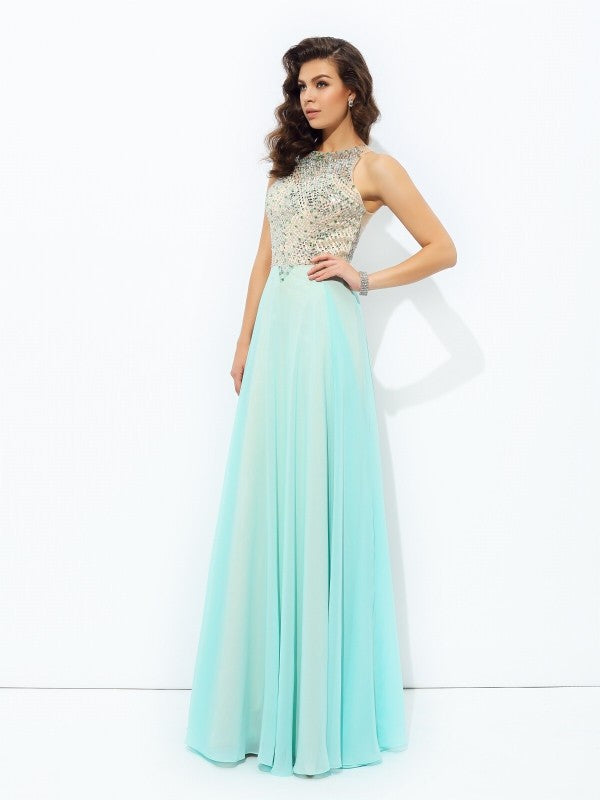 Jewel Beading Sleeveless Long Chiffon Dresses