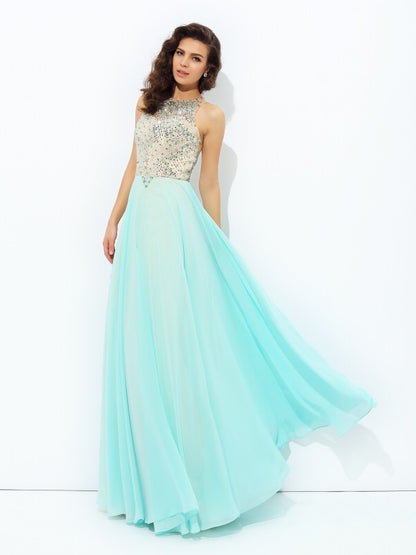 Jewel Beading Sleeveless Long Chiffon Dresses