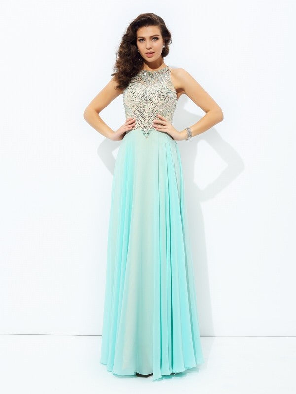 Jewel Beading Sleeveless Long Chiffon Dresses