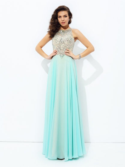 Jewel Beading Sleeveless Long Chiffon Dresses