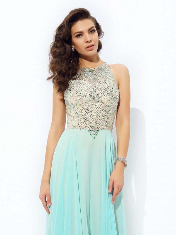 Jewel Beading Sleeveless Long Chiffon Dresses
