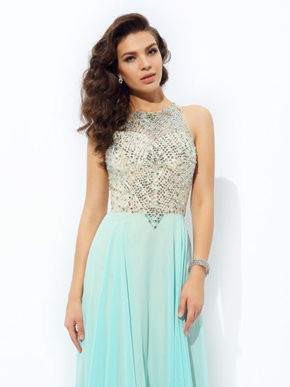 Jewel Beading Sleeveless Long Chiffon Dresses