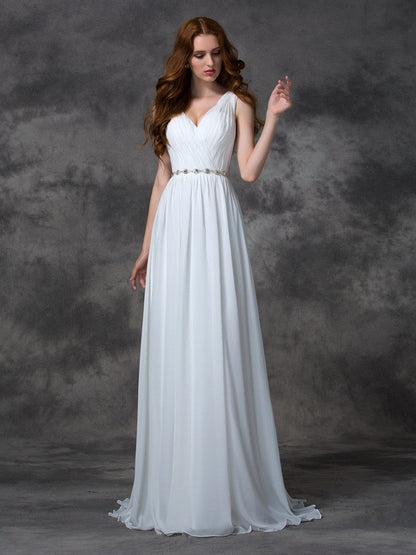 V-neck Beading Sleeveless Long Chiffon Dresses