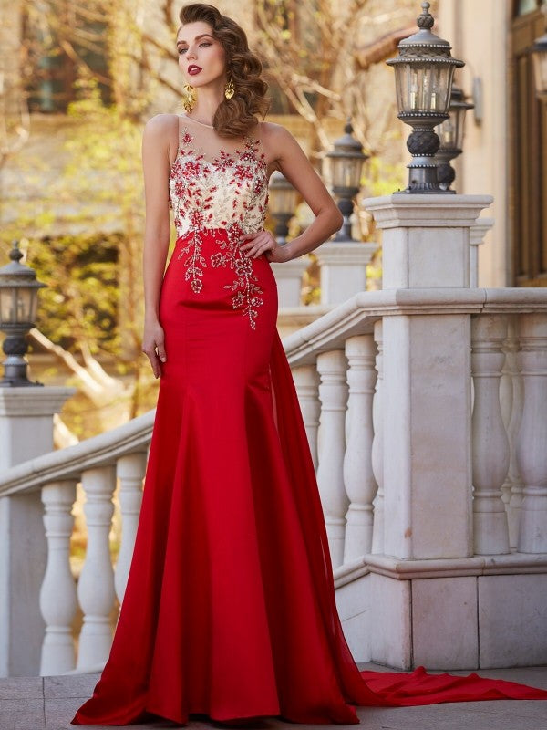 Sheer Neck Sleeveless Court Train Applique Satin Dresses