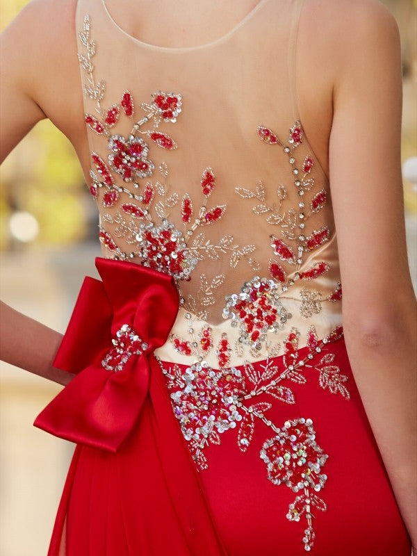 Sheer Neck Sleeveless Court Train Applique Satin Dresses