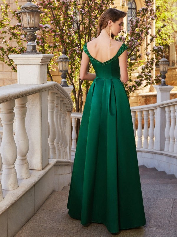 Off-the-Shoulder Sequin Sleeveless Satin Floor-Length Dresses