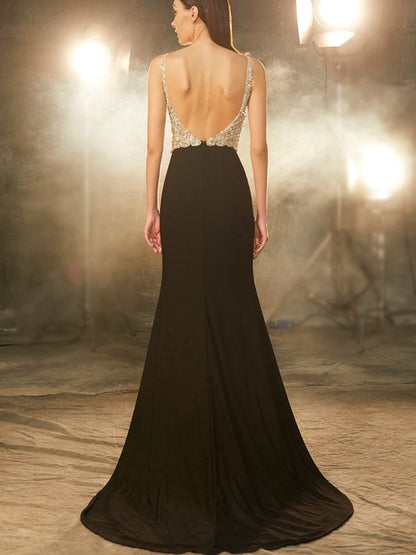 V-neck Beading Sleeveless Sweep/Brush Train Spandex Dresses