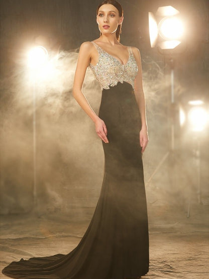 V-neck Beading Sleeveless Sweep/Brush Train Spandex Dresses