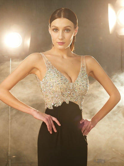 V-neck Beading Sleeveless Sweep/Brush Train Spandex Dresses