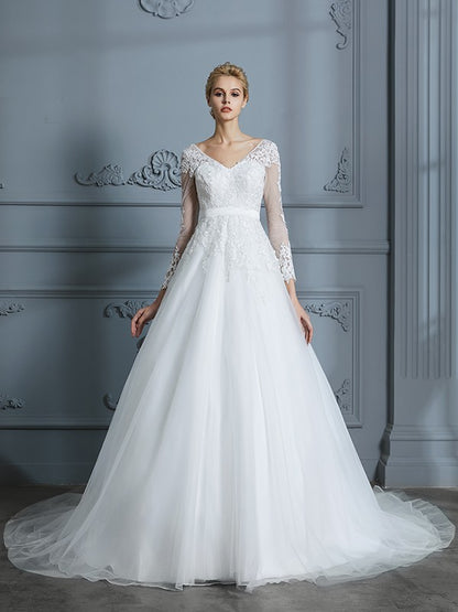 V-neck Long Sleeves Court Train Lace Tulle Wedding Dresses