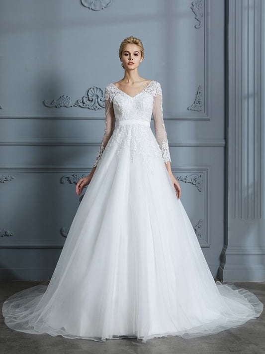 V-neck Long Sleeves Court Train Lace Tulle Wedding Dresses