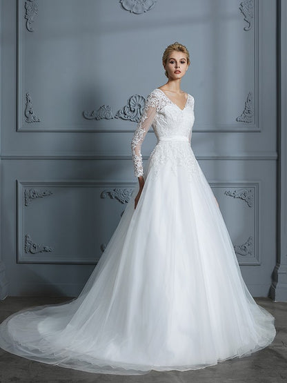 V-neck Long Sleeves Court Train Lace Tulle Wedding Dresses