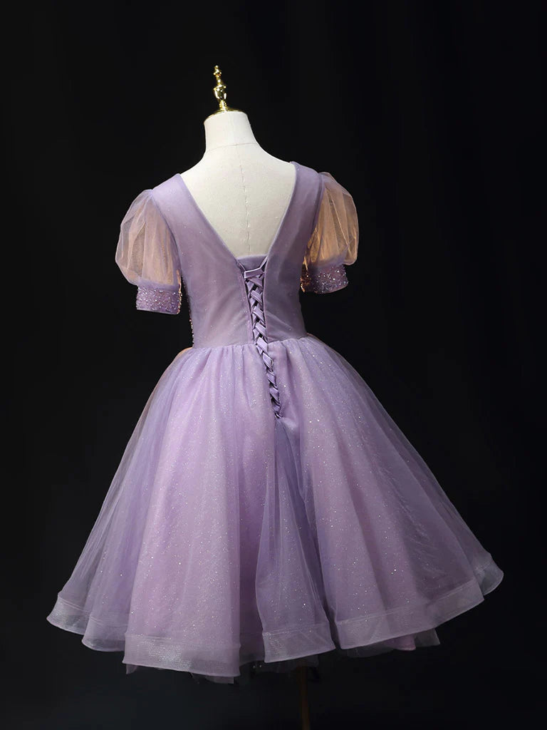 Purple V Neck Tulle Beading Sequin Short Homecoming Dresses
