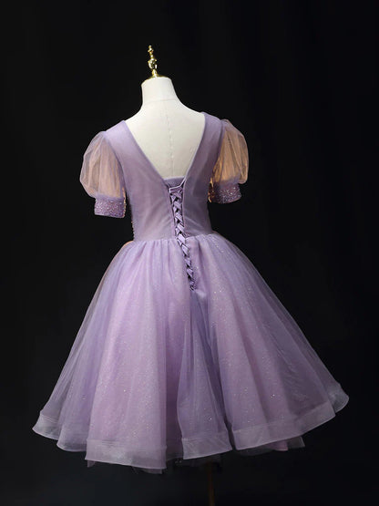Purple V Neck Tulle Beading Sequin Short Homecoming Dresses