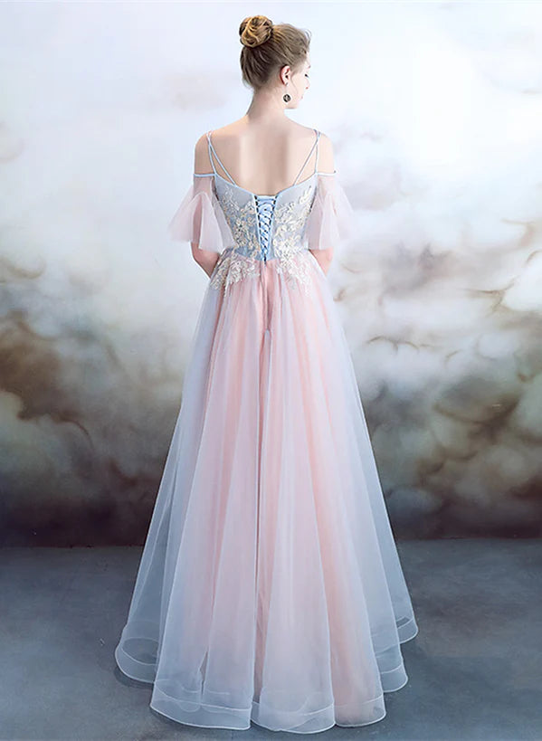 A-line Off Shoulder Tulle Pink with Lace Applique Party Prom Dress
