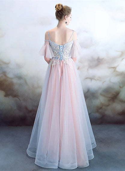 A-line Off Shoulder Tulle Pink with Lace Applique Party Prom Dress
