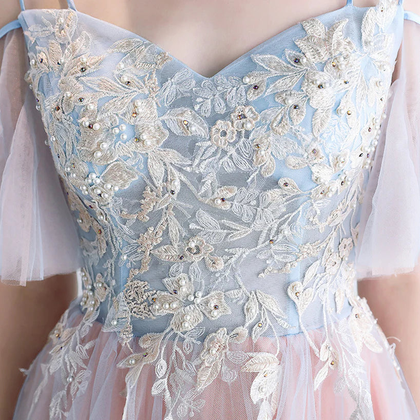 A-line Off Shoulder Tulle Pink with Lace Applique Party Prom Dress
