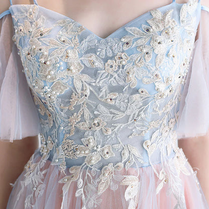 A-line Off Shoulder Tulle Pink with Lace Applique Party Prom Dress