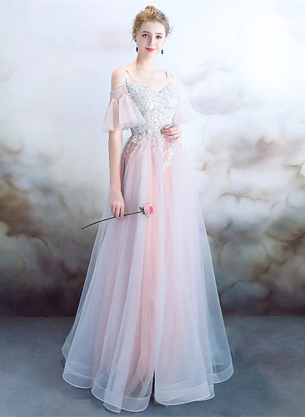 A-line Off Shoulder Tulle Pink with Lace Applique Party Prom Dress