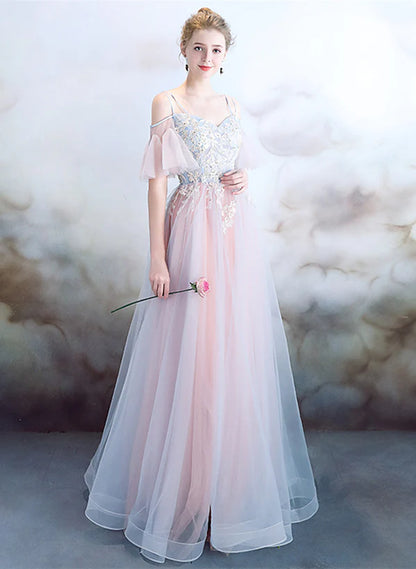 A-line Off Shoulder Tulle Pink with Lace Applique Party Prom Dress