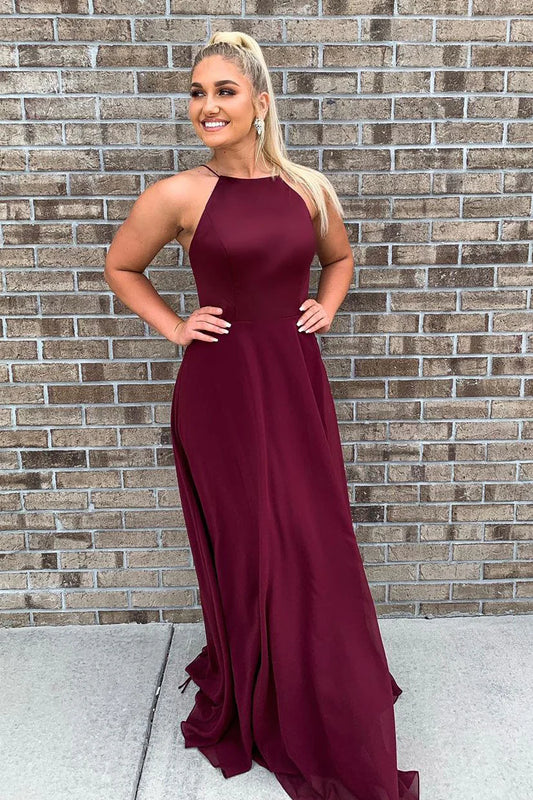 A-Line Burgundy Long Bridesmaid Dress with Tie Back/Formal Wear Dresses