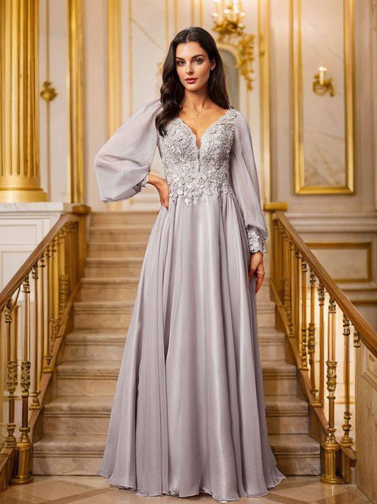 A-Line/Princess Chiffon Applique V-neck Long Sleeves Floor-Length Dresses Prom Dress