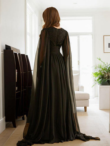 A-Line/Princess Chiffon Ruched V-neck Long Sleeves Floor-Length Dresses Prom Dress